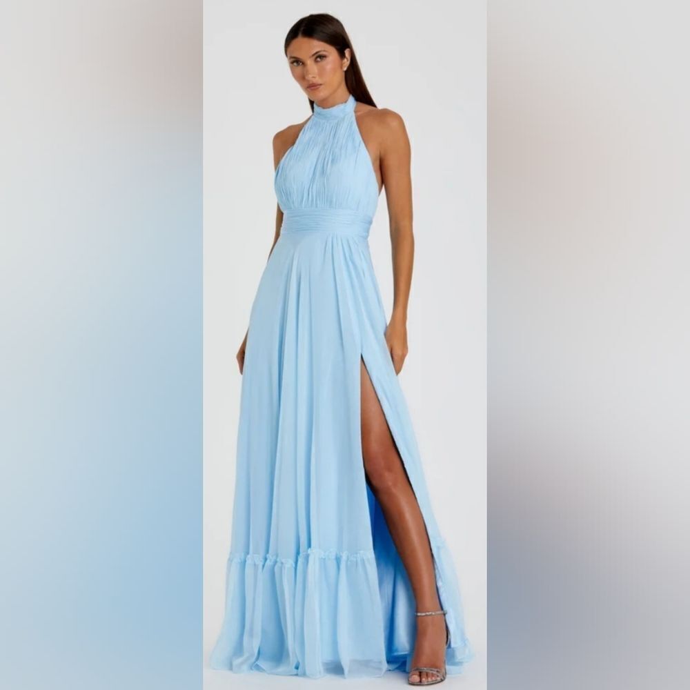 Mac Duggal 67816 Light Blue High Neck Tiered Chiffon Halter Gown New sz 12